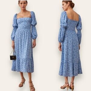 Reformation Mica Floral Print Midi Dress Long Sleeve Square Neck Blue 0 Women’s